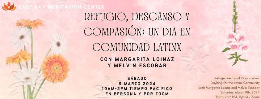 Pink background with white and orange flowers on the left side, and pink flowers on the right side. The text is in the center and shows the name and time of the event.