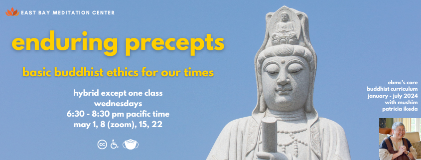 Background of a blue sky and the head and shoulders of a stone bodhisattva statue. Yellow text shows the name of the class. White text shows the time of the class and the teacher name. The teacher's picture is shown - Mushim Ikeda, a Japanese American woman with short gray hair and glasses.