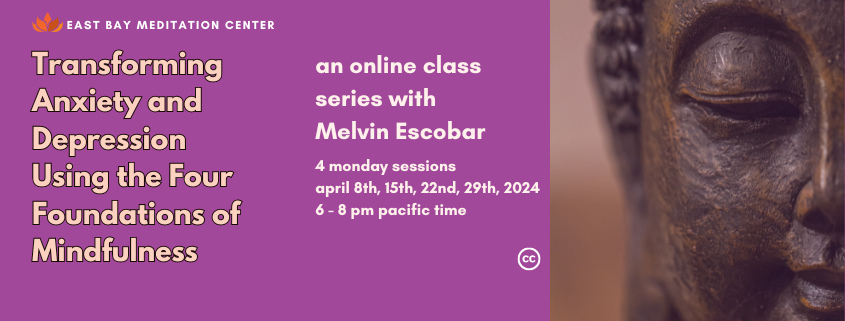 Purple background with light pink text that gives the name and time of the class, along with the teacher's name. On the right side is a photo of half of a stone Buddha's face, with eyes closed.