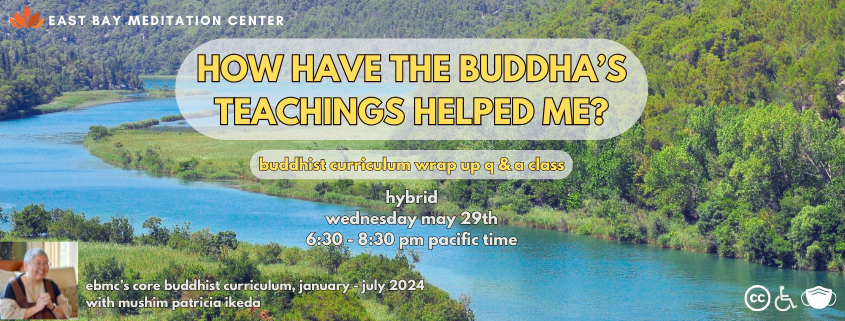 Background photo shows a winding blue river, bordered by bright green trees and grass. Yellow text provides the name of the class and the date and time.