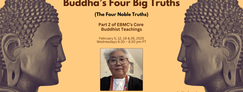 Image of Mushim Ikeda in the center with two Buddha statues facing toward her on either side, yellow background